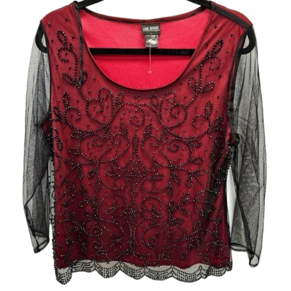 Lane Bryant Red and Black Beaded Top